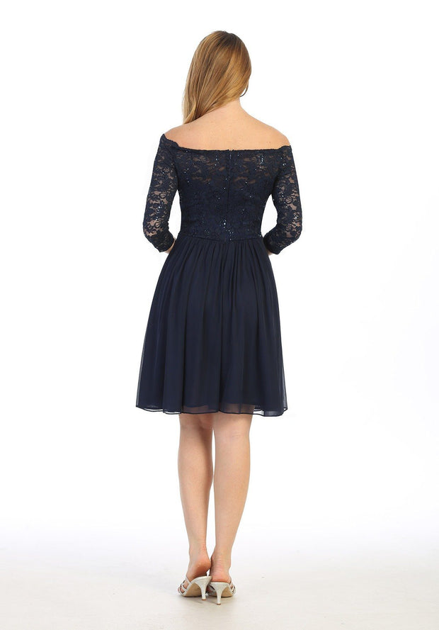 Short Off Shoulder Lace Dress with Long Sleeves by Celavie 6468S