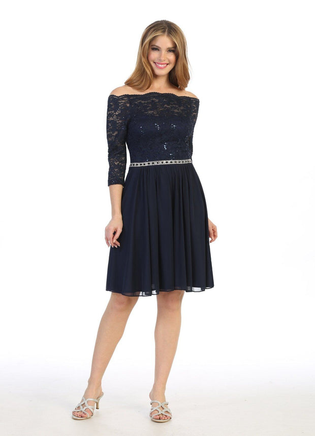 Short Off Shoulder Lace Dress with Long Sleeves by Celavie 6468S
