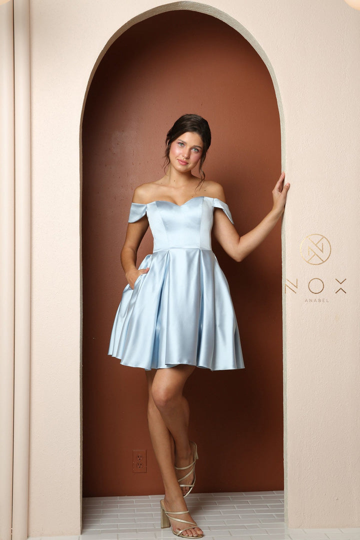 Short Off Shoulder Satin Dress by Nox Anabel R773