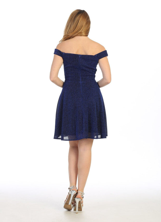 Short Off the Shoulder Metallic Glitter Dress by Celavie 6402S