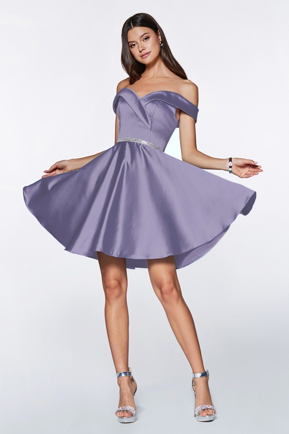 Short Off the Shoulder Satin Dress by Cinderella Divine CD0140-Short Cocktail Dresses-ABC Fashion