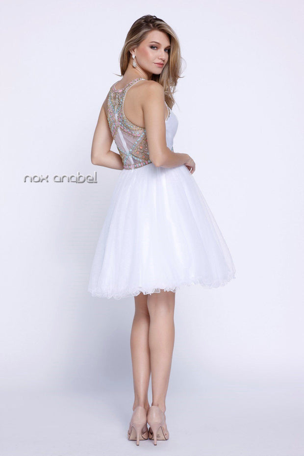 Short Pastel Beaded Sleeveless Illusion Dress by Nox Anabel 6250-Short Cocktail Dresses-ABC Fashion