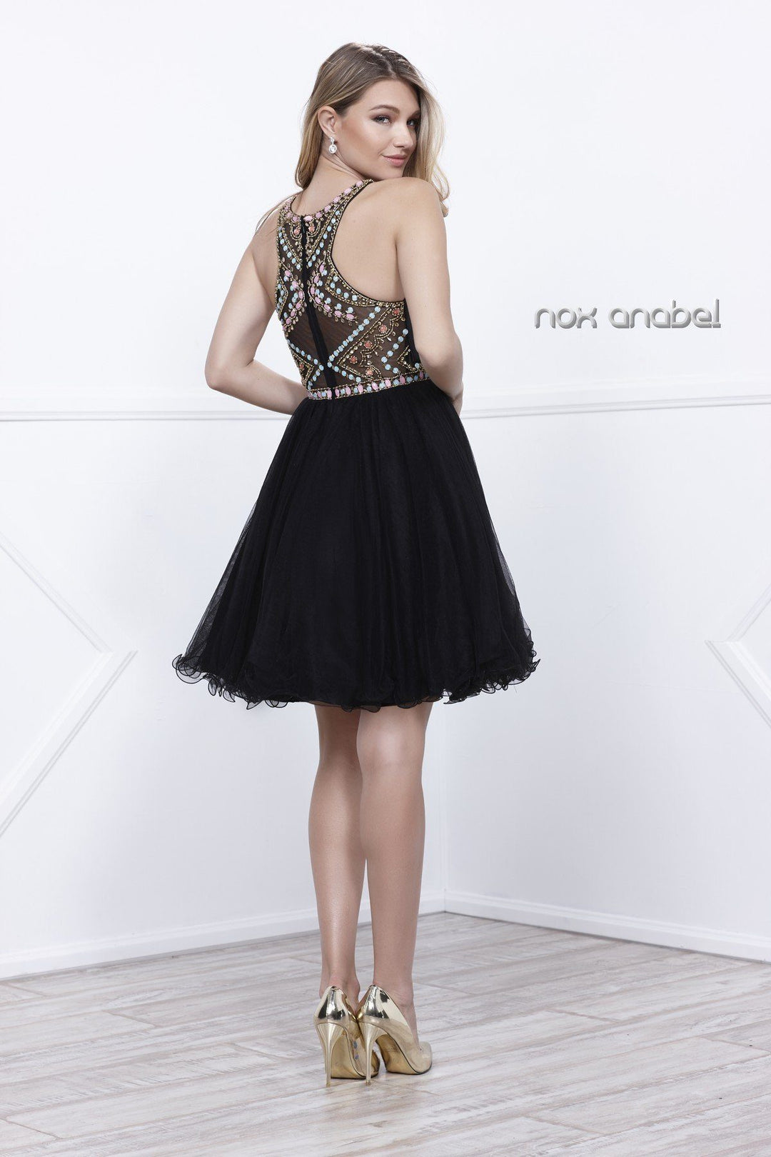 Short Pastel Beaded Sleeveless Illusion Dress by Nox Anabel 6250-Short Cocktail Dresses-ABC Fashion