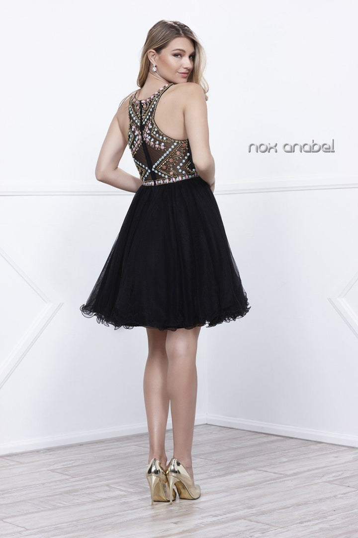 Short Pastel Beaded Sleeveless Illusion Dress by Nox Anabel 6250-Short Cocktail Dresses-ABC Fashion