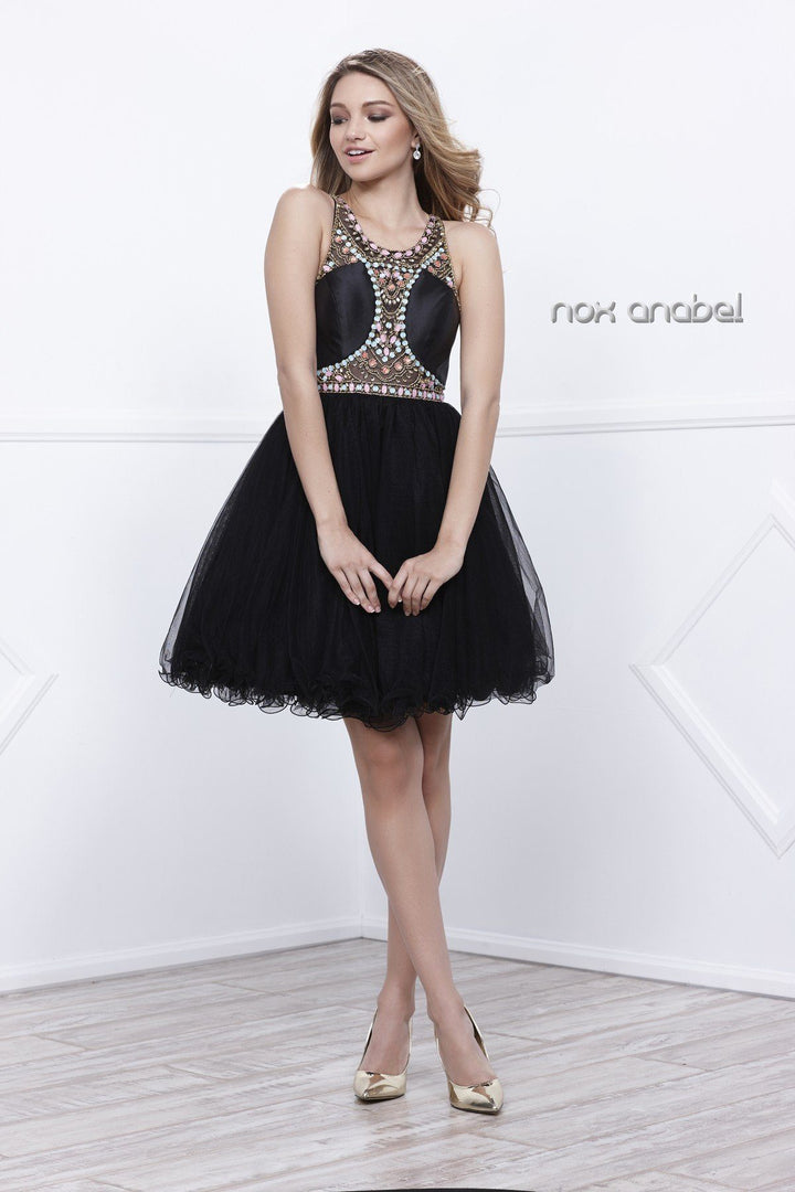 Short Pastel Beaded Sleeveless Illusion Dress by Nox Anabel 6250-Short Cocktail Dresses-ABC Fashion