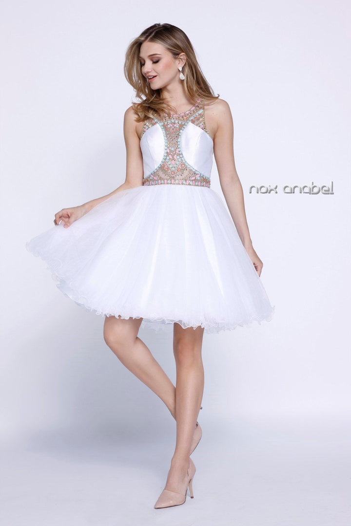 Short Pastel Beaded Sleeveless Illusion Dress by Nox Anabel 6250-Short Cocktail Dresses-ABC Fashion