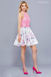 Short Pink Floral Print Dress with Applique by Nox Anabel 6226-Short Cocktail Dresses-ABC Fashion