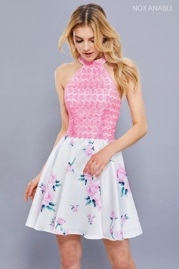 Short Pink Floral Print Dress with Applique by Nox Anabel 6226-Short Cocktail Dresses-ABC Fashion
