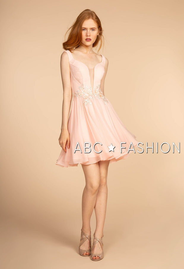 Short Pink V-Neck Dress with Embellished Waist by Elizabeth K GS1617-Short Cocktail Dresses-ABC Fashion