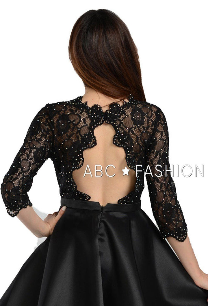 Short Pocket Dress with Long-Sleeved Lace Bodice by Poly USA 7876-Short Cocktail Dresses-ABC Fashion