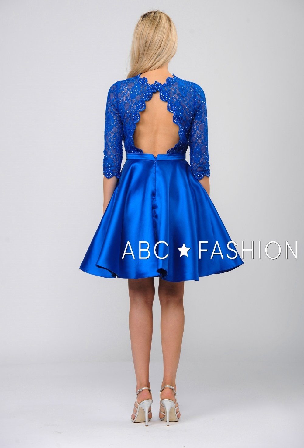 Short Pocket Dress with Long-Sleeved Lace Bodice by Poly USA 7876-Short Cocktail Dresses-ABC Fashion