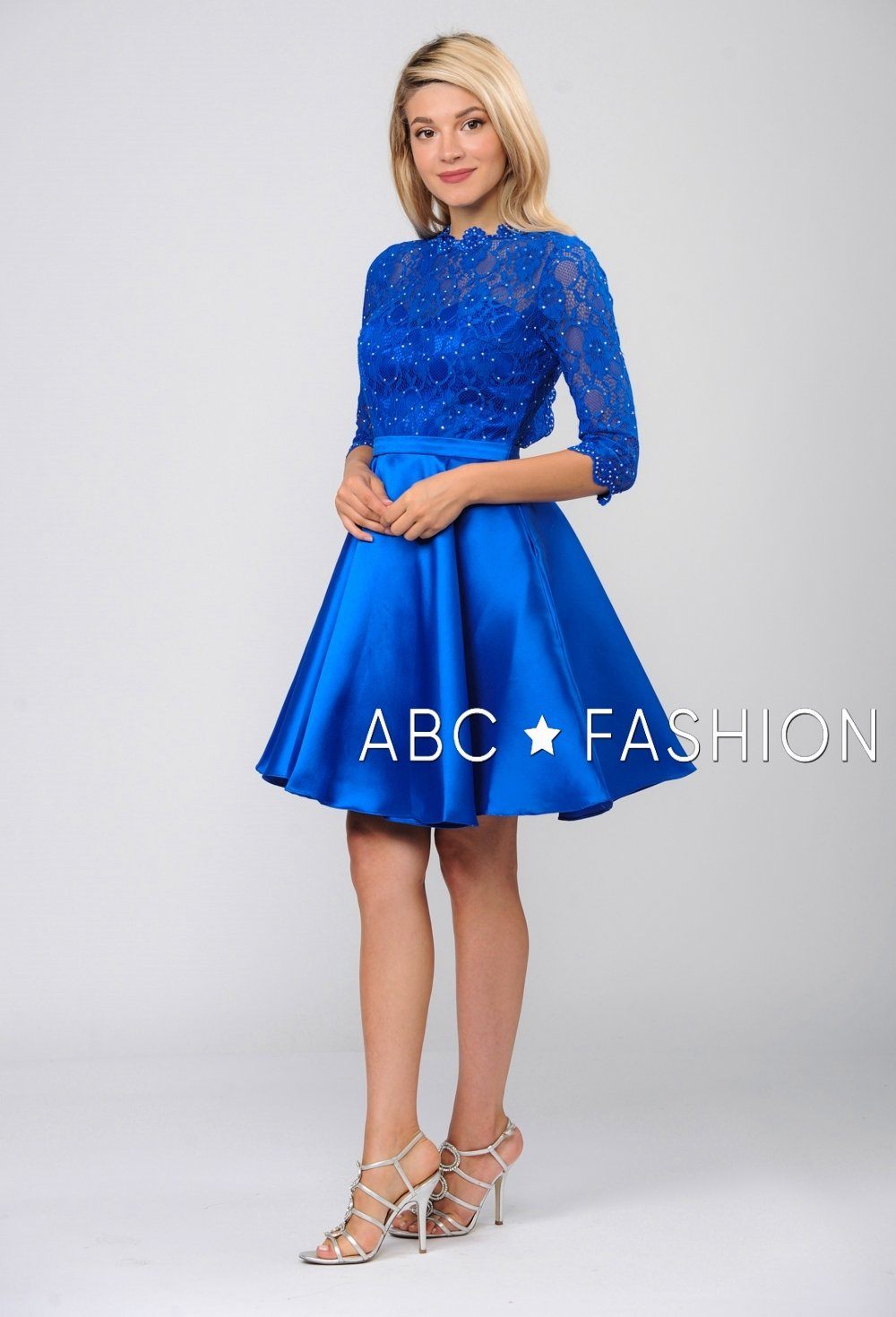 Short Pocket Dress with Long-Sleeved Lace Bodice by Poly USA 7876-Short Cocktail Dresses-ABC Fashion