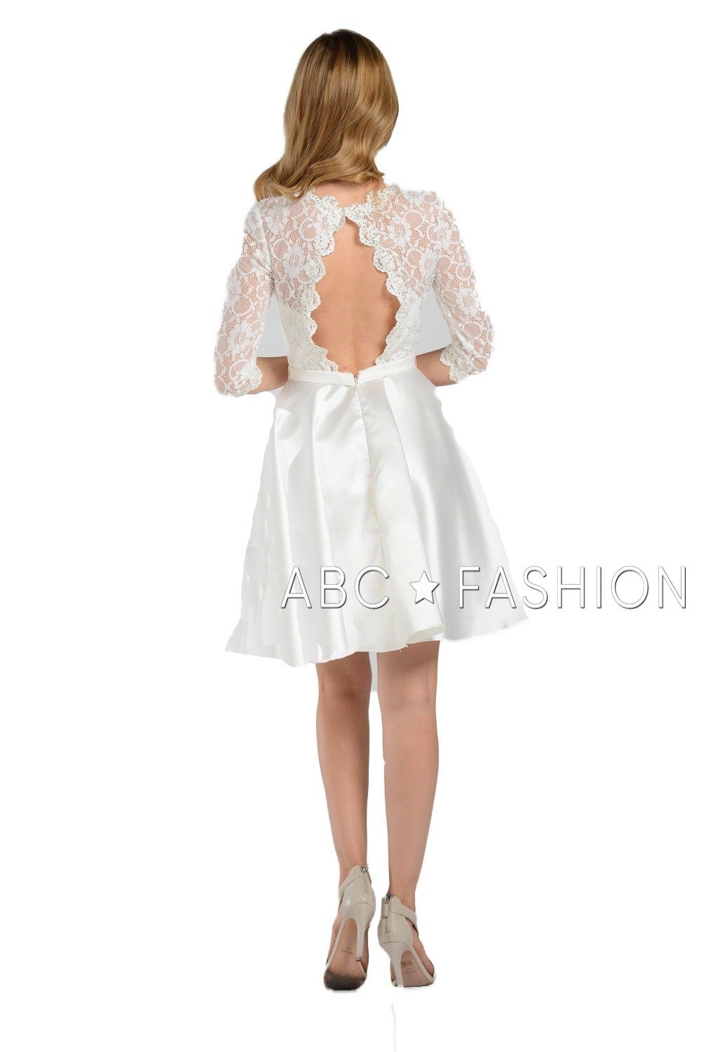 Short Pocket Dress with Long-Sleeved Lace Bodice by Poly USA 7876-Short Cocktail Dresses-ABC Fashion