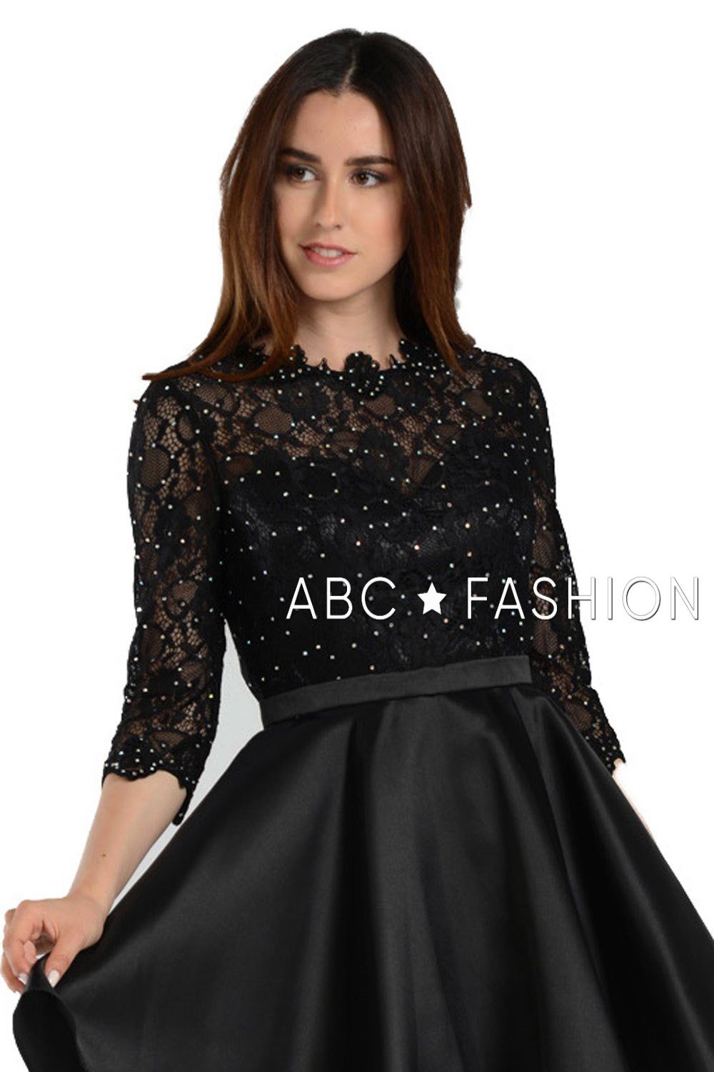 Short Pocket Dress with Long-Sleeved Lace Bodice by Poly USA 7876-Short Cocktail Dresses-ABC Fashion