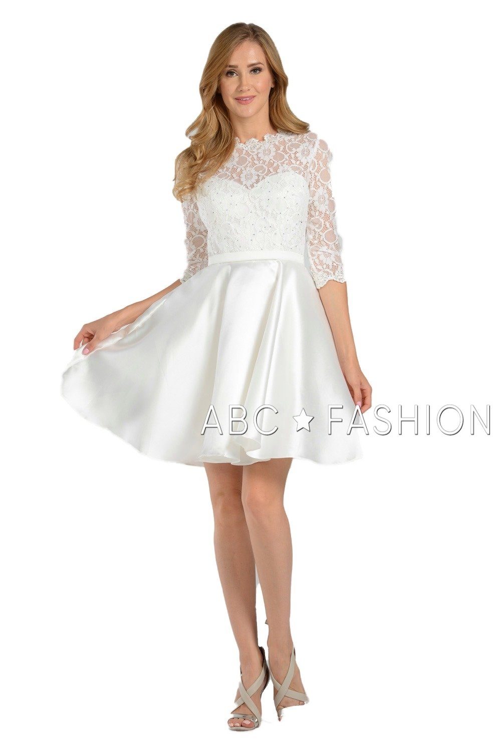 Short Pocket Dress with Long-Sleeved Lace Bodice by Poly USA 7876-Short Cocktail Dresses-ABC Fashion