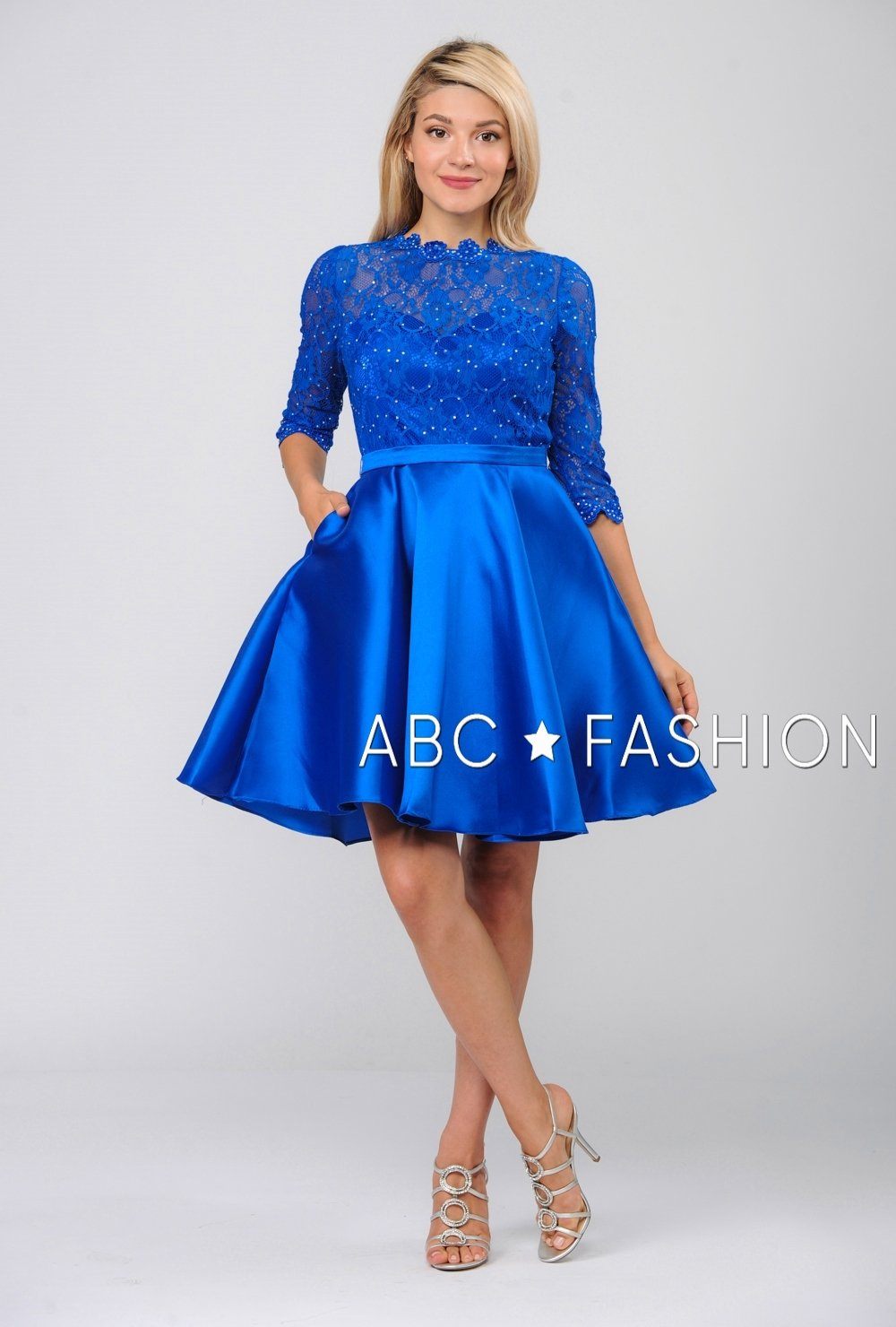 Short Pocket Dress with Long-Sleeved Lace Bodice by Poly USA 7876-Short Cocktail Dresses-ABC Fashion