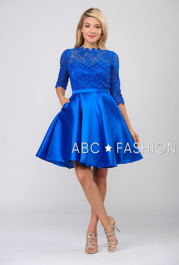 Short Pocket Dress with Long-Sleeved Lace Bodice by Poly USA 7876-Short Cocktail Dresses-ABC Fashion