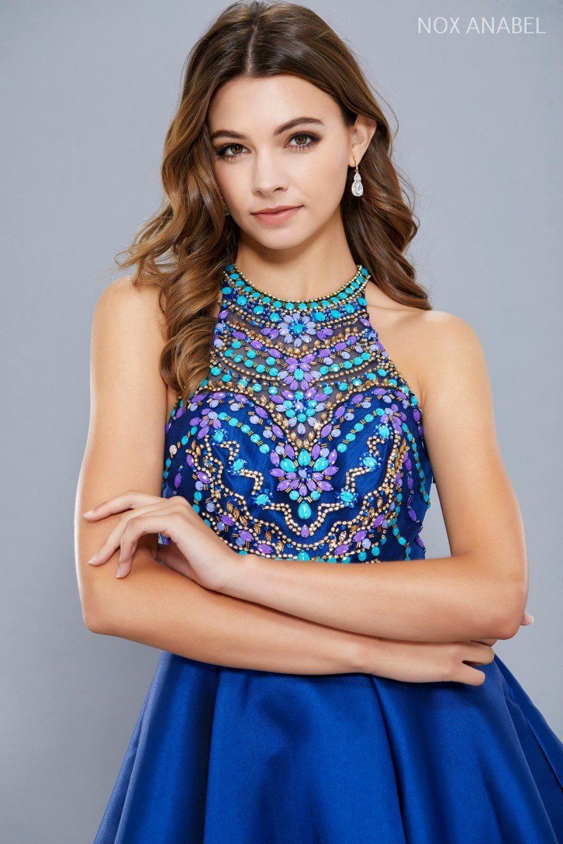 Short Racerback Dress with Beaded Bodice by Nox Anabel 6251-Short Cocktail Dresses-ABC Fashion