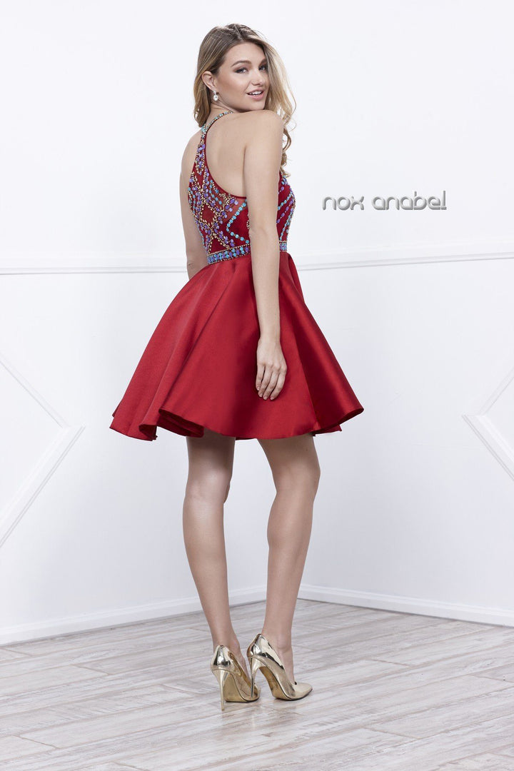 Short Racerback Dress with Beaded Bodice by Nox Anabel 6251-Short Cocktail Dresses-ABC Fashion