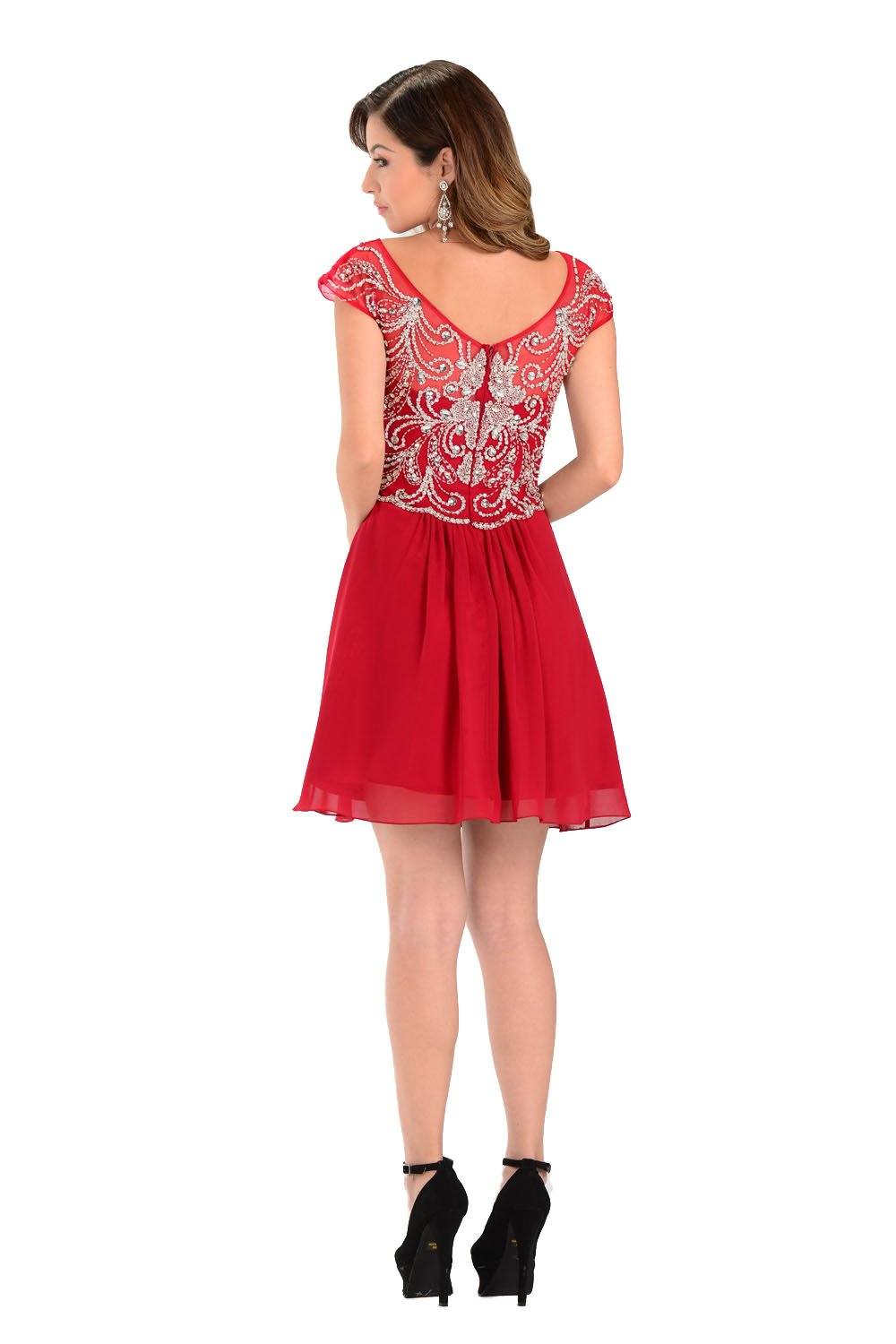 Short Red Cap Sleeve Dress with Jeweled Bodice by Poly USA-Short Cocktail Dresses-ABC Fashion