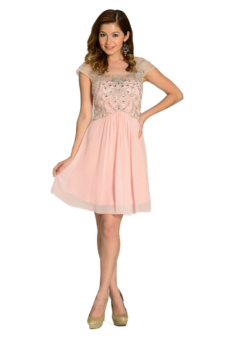 Short Red Cap Sleeve Dress with Jeweled Bodice by Poly USA-Short Cocktail Dresses-ABC Fashion