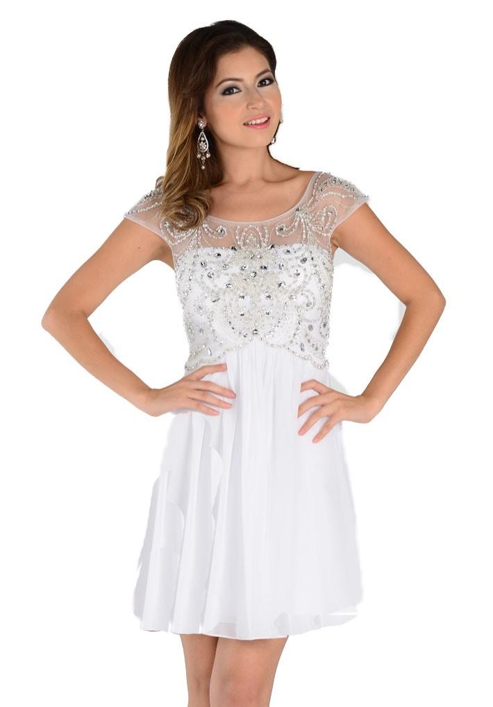 Short Red Cap Sleeve Dress with Jeweled Bodice by Poly USA-Short Cocktail Dresses-ABC Fashion