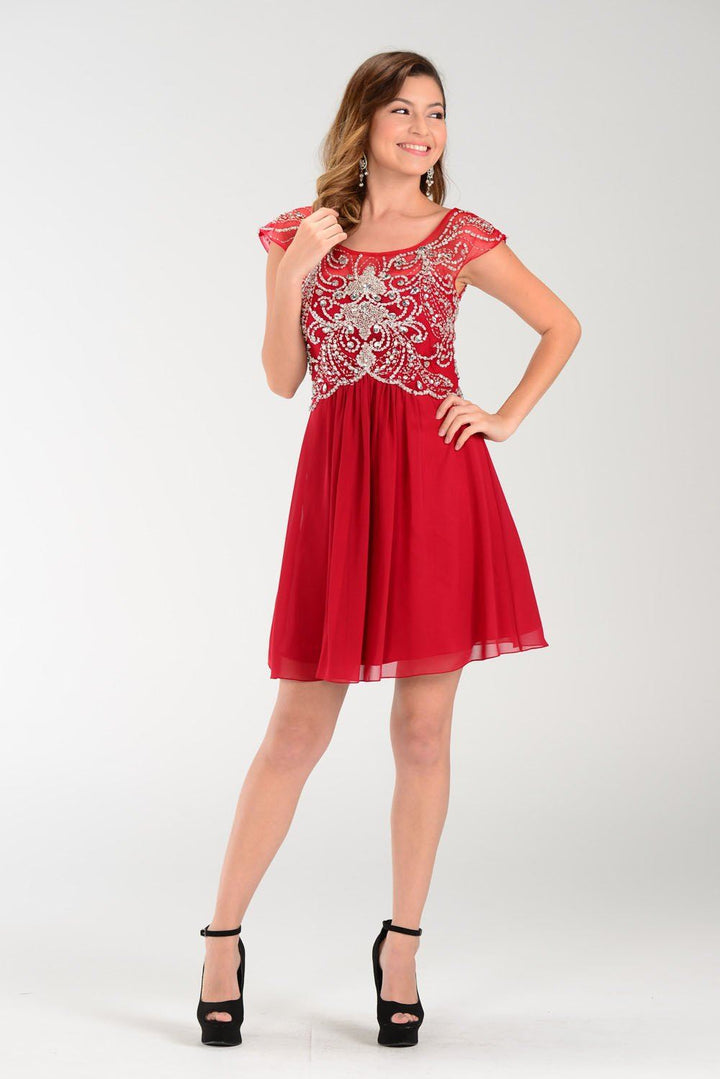 Short Red Cap Sleeve Dress with Jeweled Bodice by Poly USA-Short Cocktail Dresses-ABC Fashion