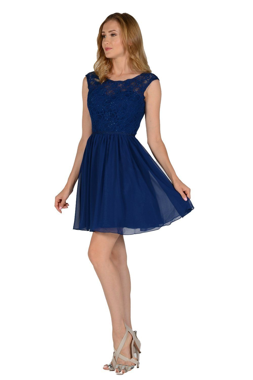 Short Red Chiffon Dress with Lace Bodice by Poly USA-Short Cocktail Dresses-ABC Fashion