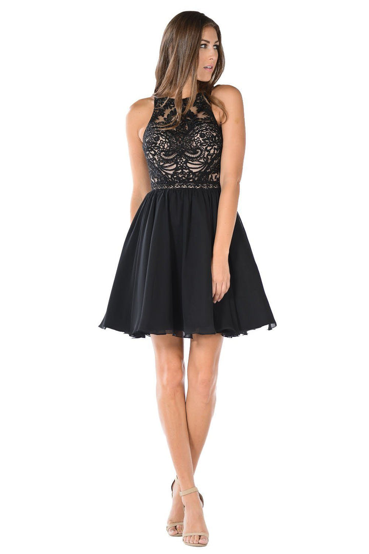 Short Red Dress with Embroidered Bodice by Poly USA-Short Cocktail Dresses-ABC Fashion