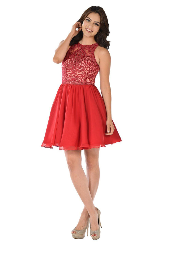 Short Red Dress with Embroidered Bodice by Poly USA-Short Cocktail Dresses-ABC Fashion