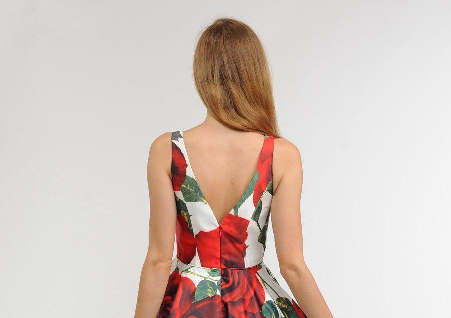 Short Red Floral Print Dress with Deep V-Neck by Poly USA 8287-Short Cocktail Dresses-ABC Fashion