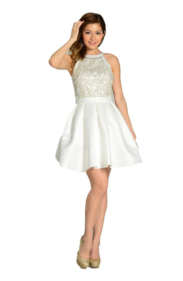 Short Red Satin Skater Dress with Beaded Bodice by Poly USA-Short Cocktail Dresses-ABC Fashion