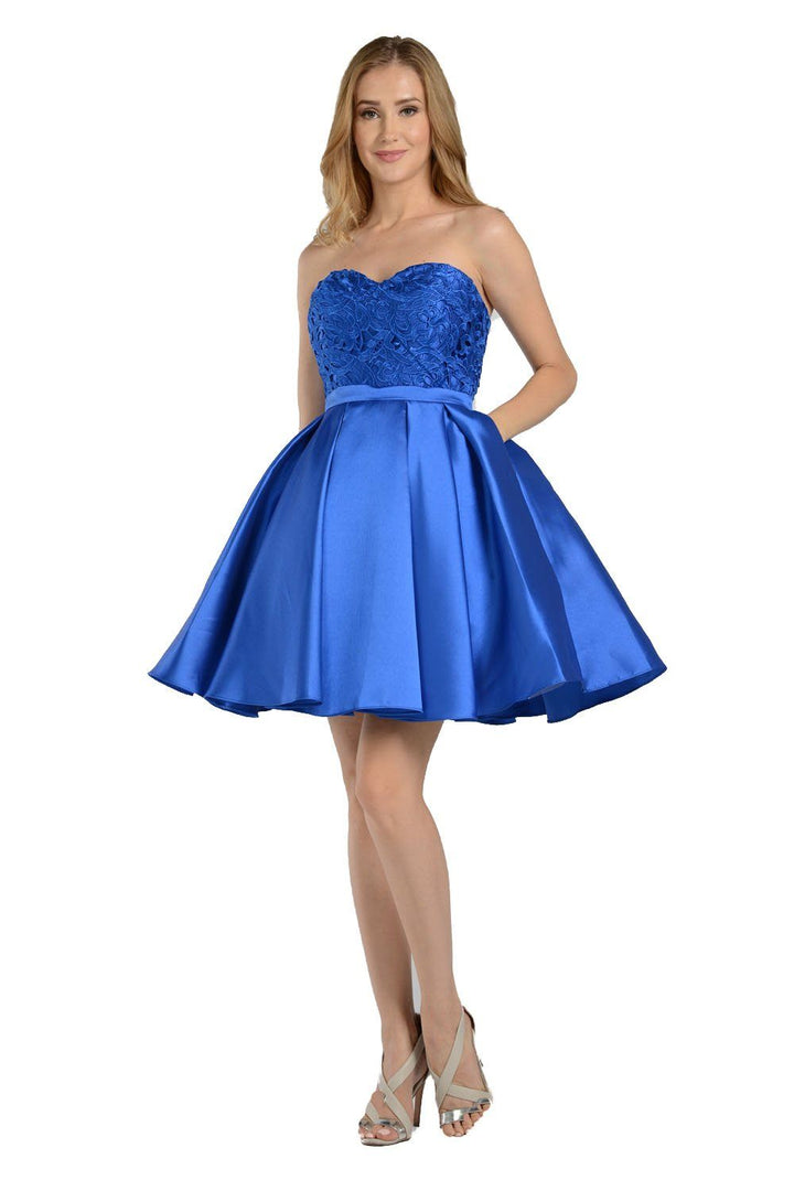 Short Red Strapless Dress with Lace Bodice by Poly USA-Short Cocktail Dresses-ABC Fashion