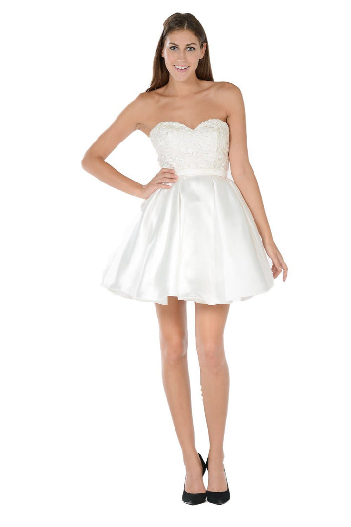 Short Red Strapless Dress with Lace Bodice by Poly USA-Short Cocktail Dresses-ABC Fashion