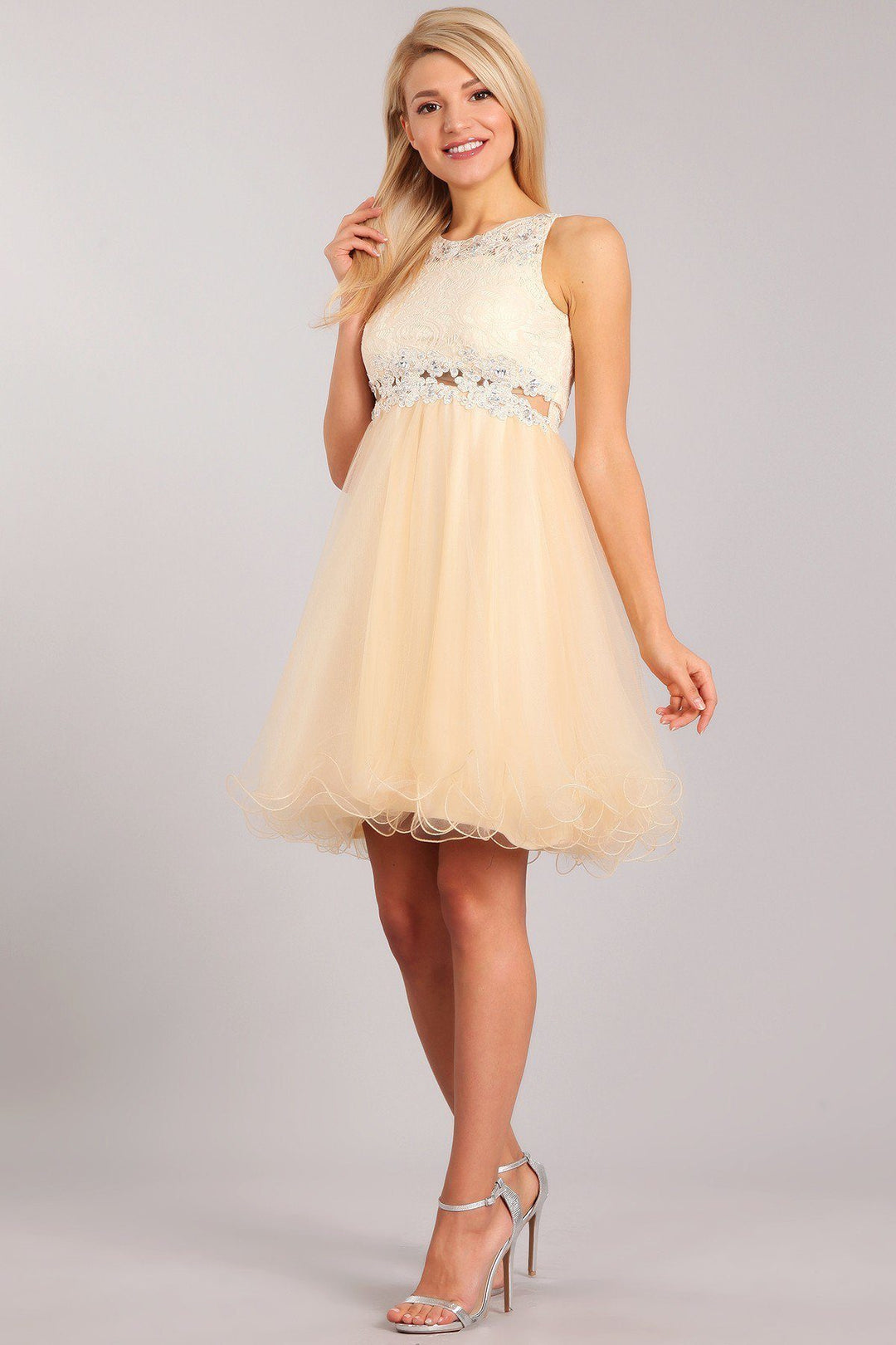 Short Ruffled Dress with Lace Bodice by Cinderella Couture 5010-Short Cocktail Dresses-ABC Fashion