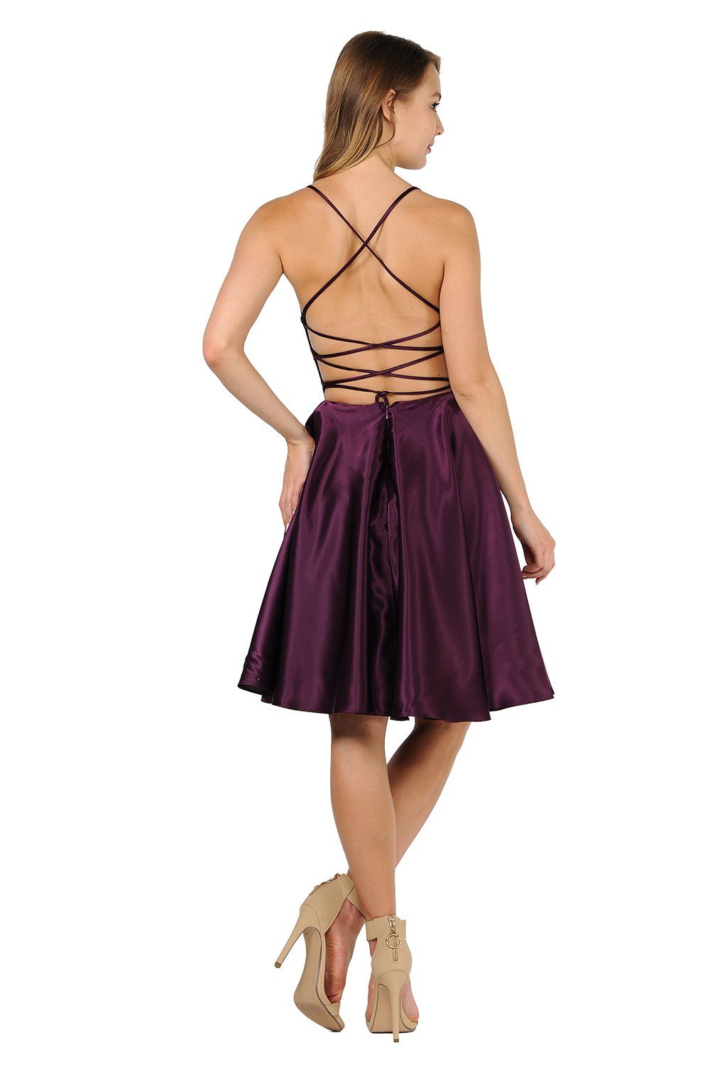 Short Satin Dress with Caged Open Back by Poly USA 9064-Short Cocktail Dresses-ABC Fashion