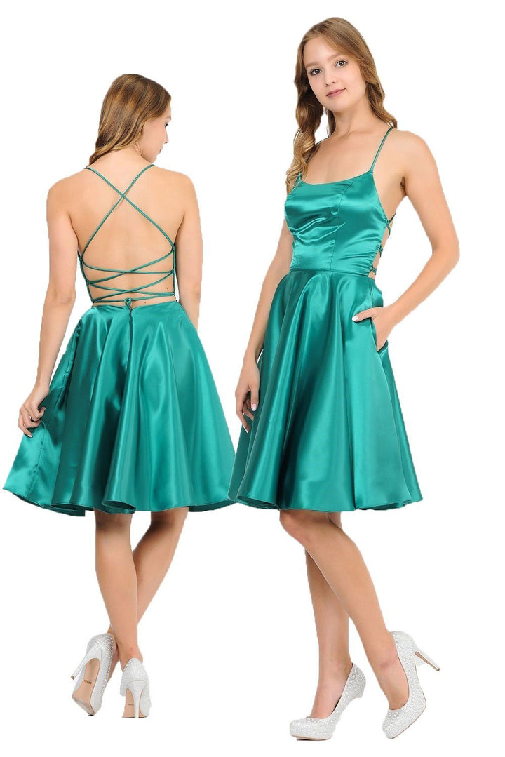 Short Satin Dress with Caged Open Back by Poly USA 9064-Short Cocktail Dresses-ABC Fashion