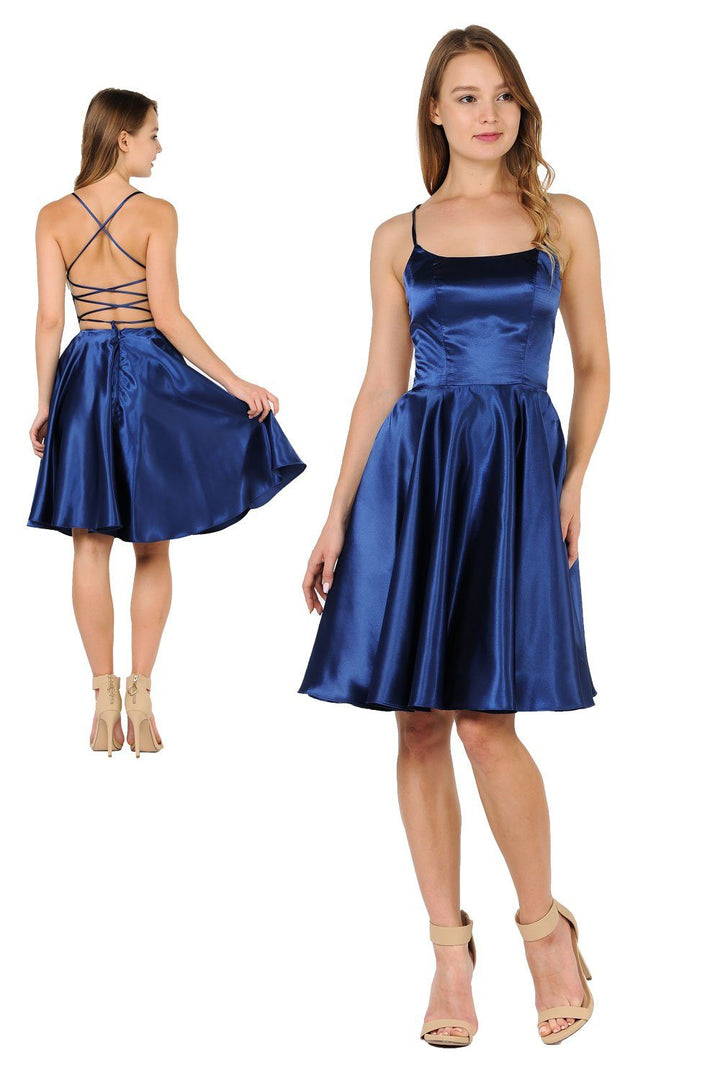 Short Satin Dress with Caged Open Back by Poly USA 9064-Short Cocktail Dresses-ABC Fashion