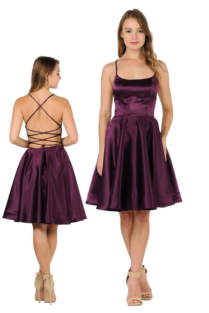 Short Satin Dress with Caged Open Back by Poly USA 9064-Short Cocktail Dresses-ABC Fashion
