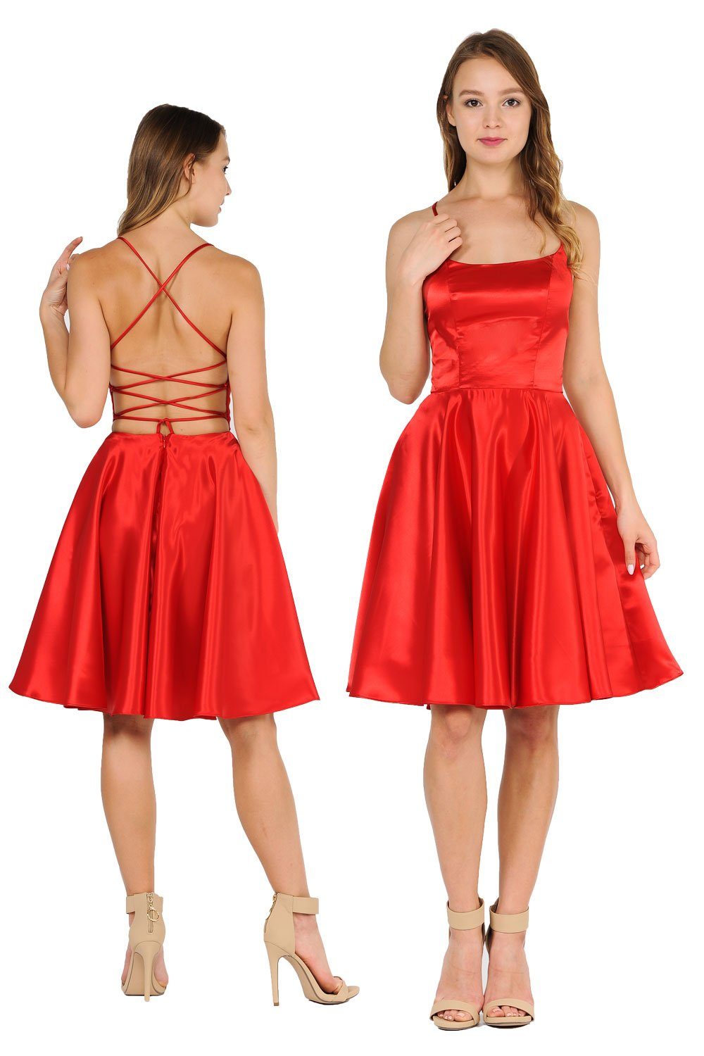 Short Satin Dress with Caged Open Back by Poly USA 9064-Short Cocktail Dresses-ABC Fashion