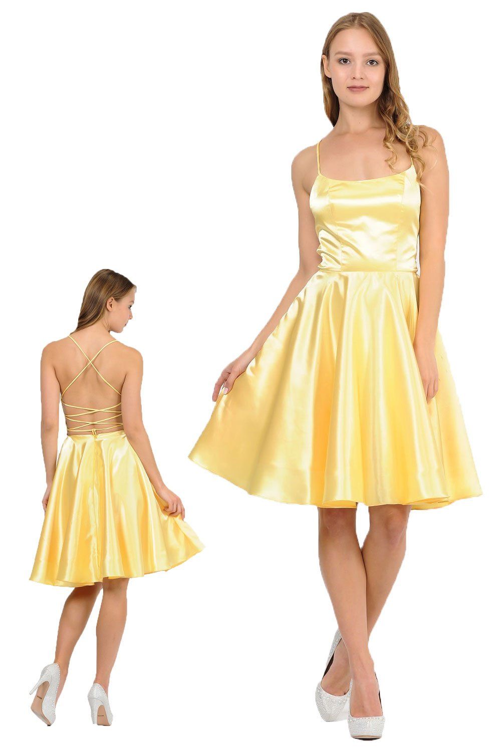 Short Satin Dress with Caged Open Back by Poly USA 9064-Short Cocktail Dresses-ABC Fashion