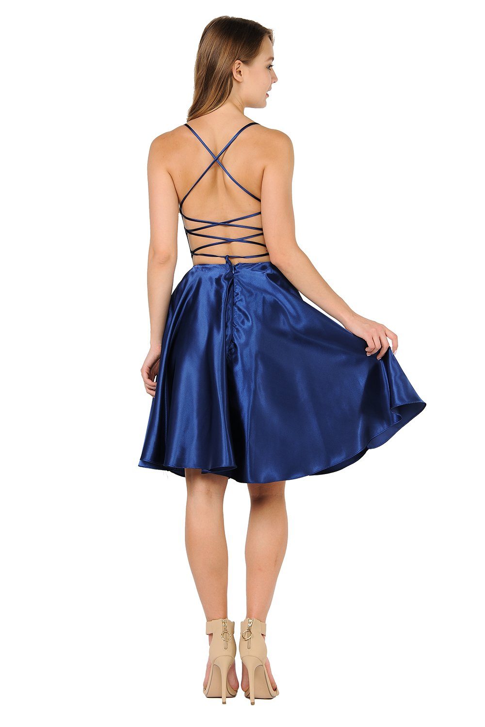 Short Satin Dress with Caged Open Back by Poly USA 9064-Short Cocktail Dresses-ABC Fashion