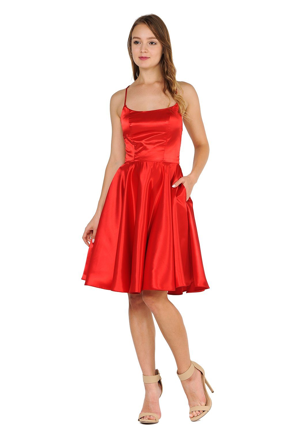 Short Satin Dress with Caged Open Back by Poly USA 9064-Short Cocktail Dresses-ABC Fashion
