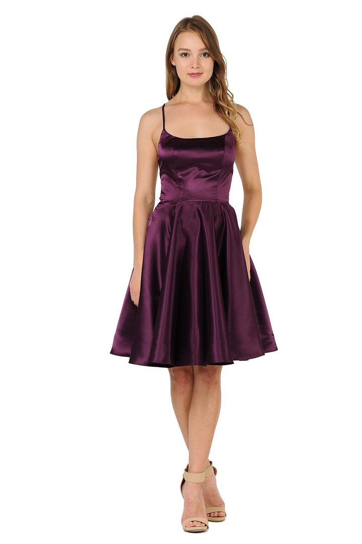 Short Satin Dress with Caged Open Back by Poly USA 9064-Short Cocktail Dresses-ABC Fashion