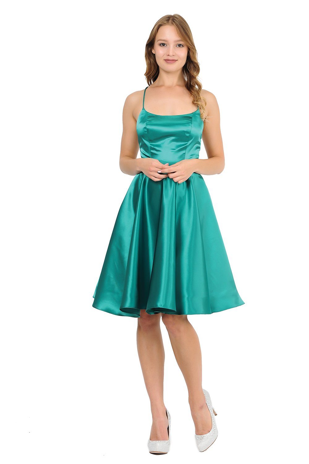 Short Satin Dress with Caged Open Back by Poly USA 9064-Short Cocktail Dresses-ABC Fashion