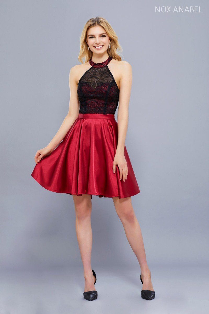Short Satin Halter Dress with Lace Bodice by Nox Anabel 6217-Short Cocktail Dresses-ABC Fashion