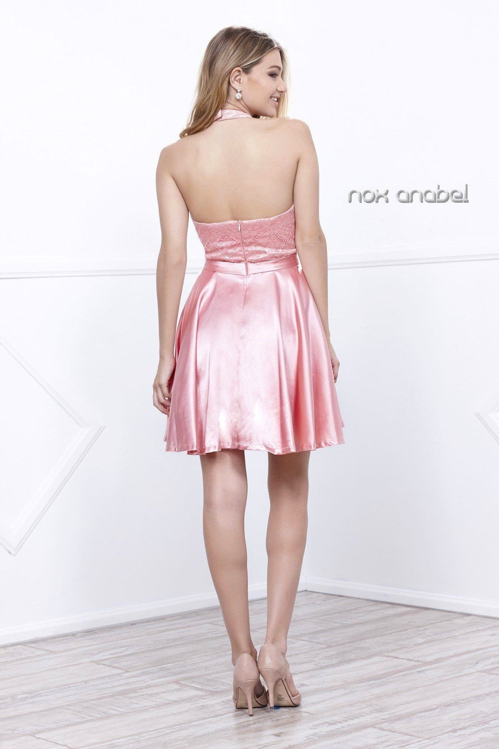 Short Satin Halter Dress with Lace Bodice by Nox Anabel 6217-Short Cocktail Dresses-ABC Fashion