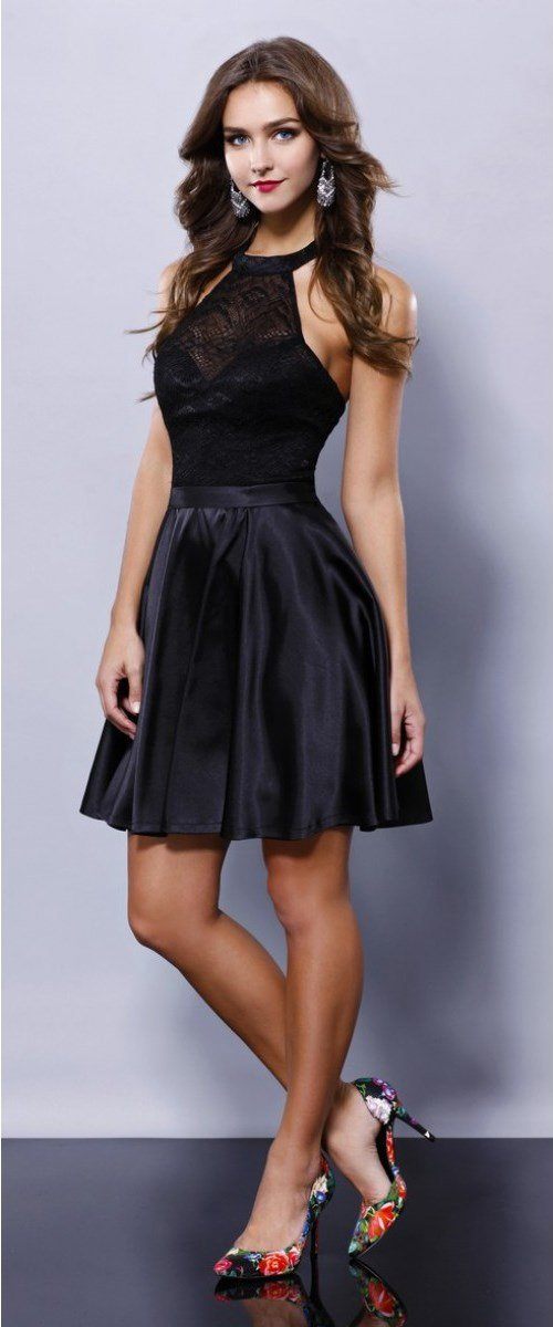 Short Satin Halter Dress with Lace Bodice by Nox Anabel 6217-Short Cocktail Dresses-ABC Fashion