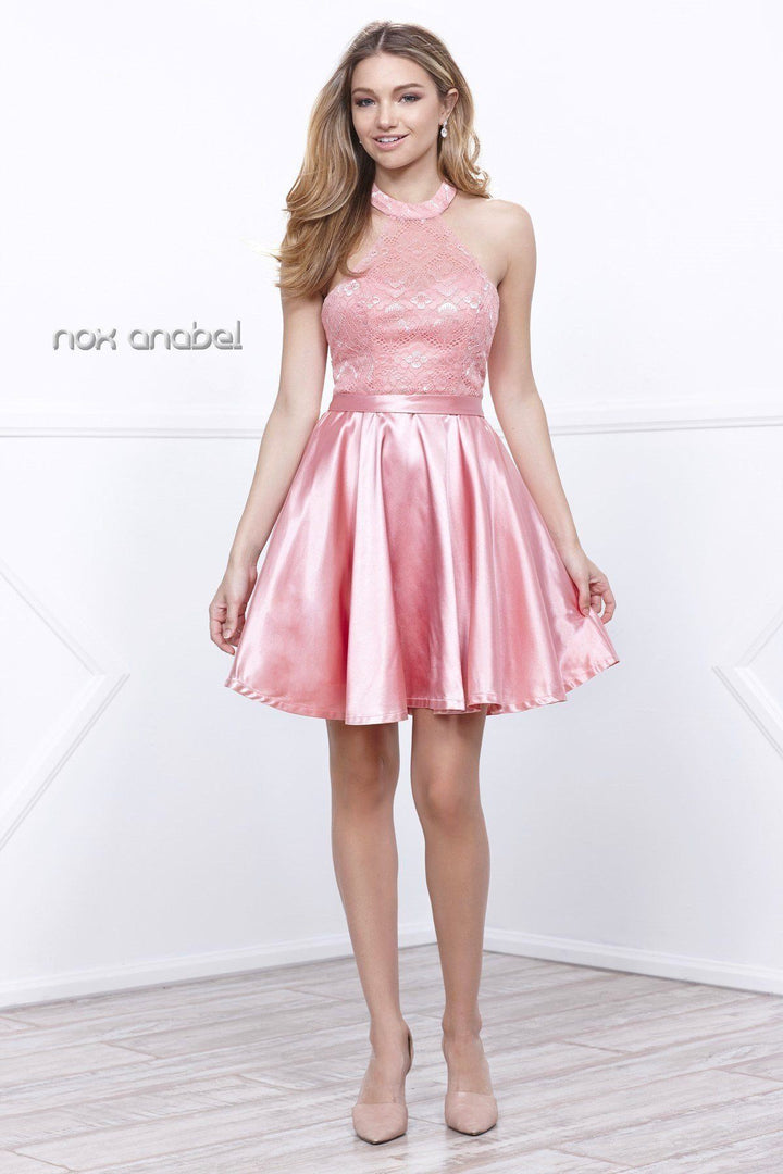 Short Satin Halter Dress with Lace Bodice by Nox Anabel 6217-Short Cocktail Dresses-ABC Fashion