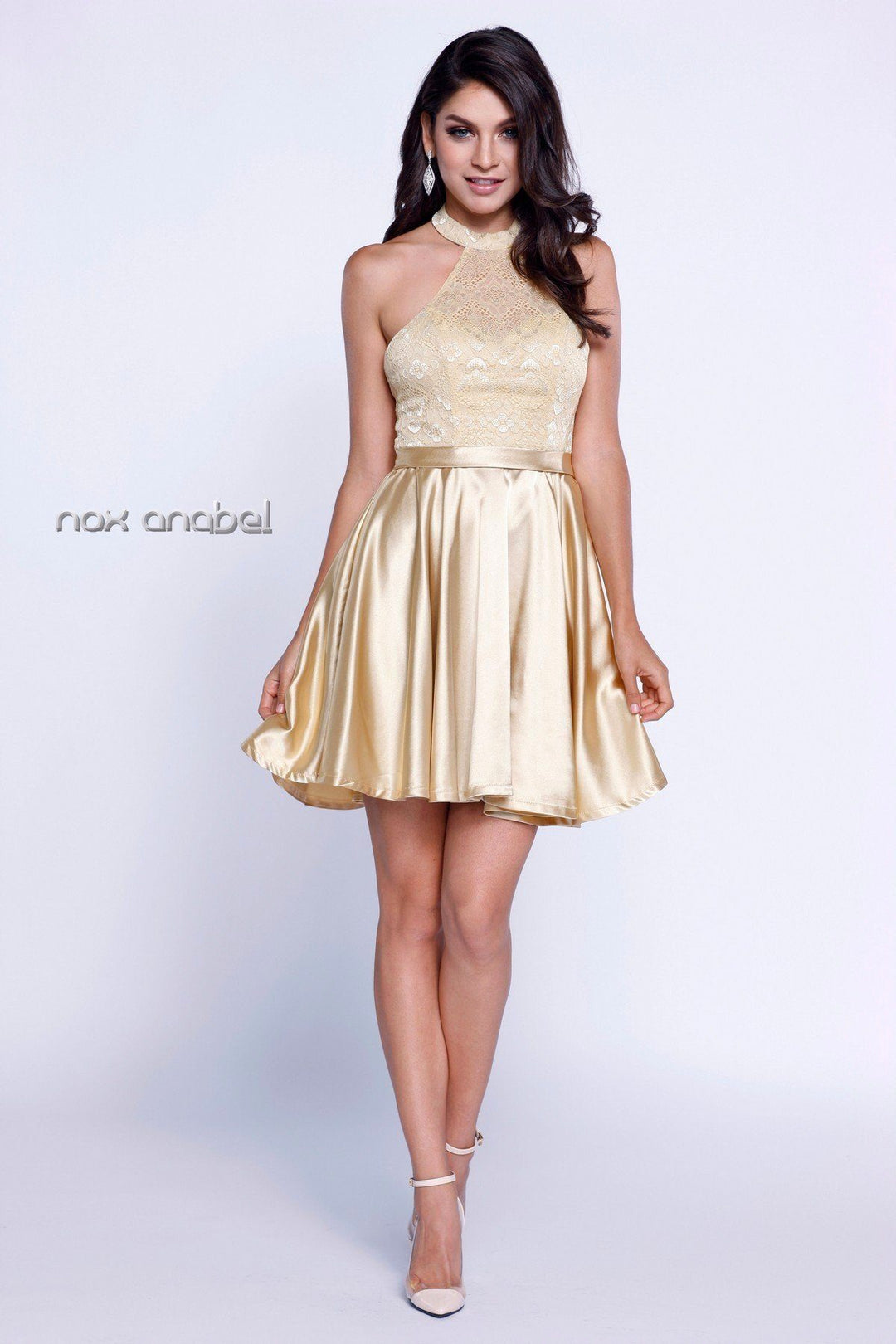 Short Satin Halter Dress with Lace Bodice by Nox Anabel 6217-Short Cocktail Dresses-ABC Fashion